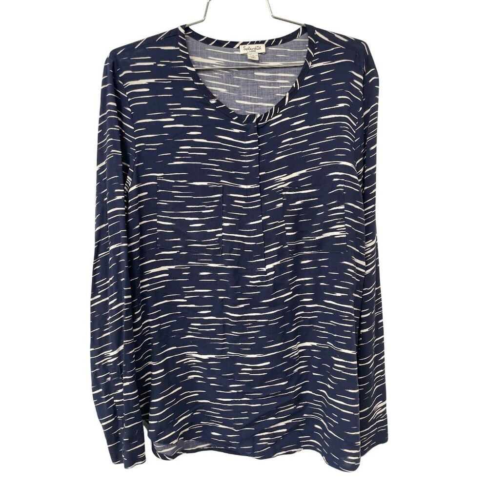 Splendid Blouse Size Large 1/4 Zip Long Sleeve Abstract Navy Blue White Nautical